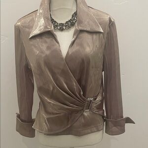 Elegant Holiday Sheer Stretch Wrap Blouse. Hidden back zip. Rhinestone buckle.